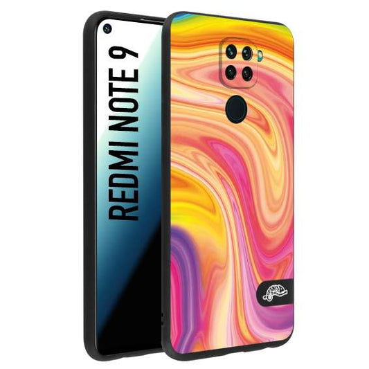 CUSTOMIZZA - Custodia cover nera morbida in tpu compatibile per Xiaomi Redmi Note 9 colorata fantasia vortice marmo onde rosa fucsia gialla