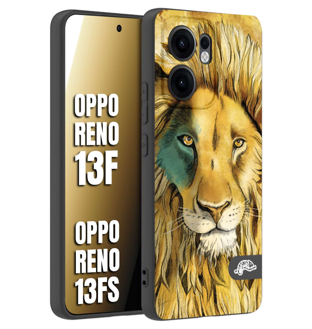 CUSTOMIZZA - Custodia cover nera morbida in tpu compatibile per Oppo Reno 13 F leone lion disegnato a mano giallo blu a rilievo artistico brown