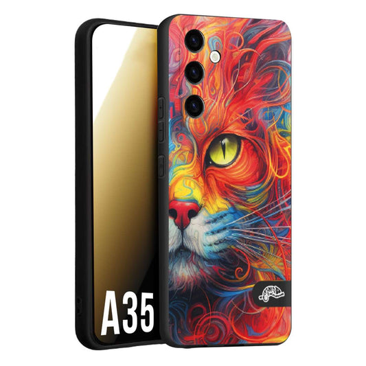 CUSTOMIZZA - Custodia cover nera morbida in tpu compatibile per Samsung A35 5G animali color cat gatto viso colori vibranti disegnato schizzo