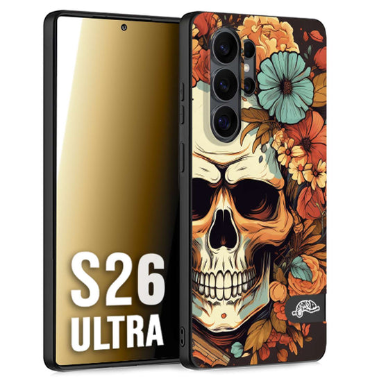 CUSTOMIZZA - Custodia cover nera morbida in tpu compatibile per Samsung S26 ULTRA teschio skull flowers fiori autunnali arancio celeste tattoo