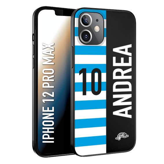 CUSTOMIZZA - Custodia cover nera morbida in tpu compatibile per iPhone 12 PRO MAX personalizzata calcio football nome e numero calciatori biancazzurri