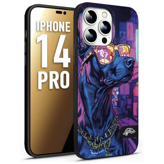 CUSTOMIZZA - Custodia cover nera morbida in tpu compatibile per iPhone 14 PRO animali cyberpunk dobermann cane street dog fucsia blu night