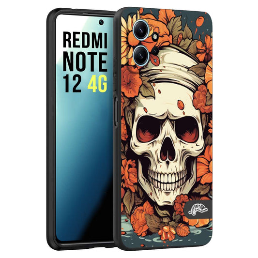 CUSTOMIZZA - Custodia cover nera morbida in tpu compatibile per Xiaomi Redmi Note 12 4G teschio skull flowers fiori tattoo disegnato alta definizione