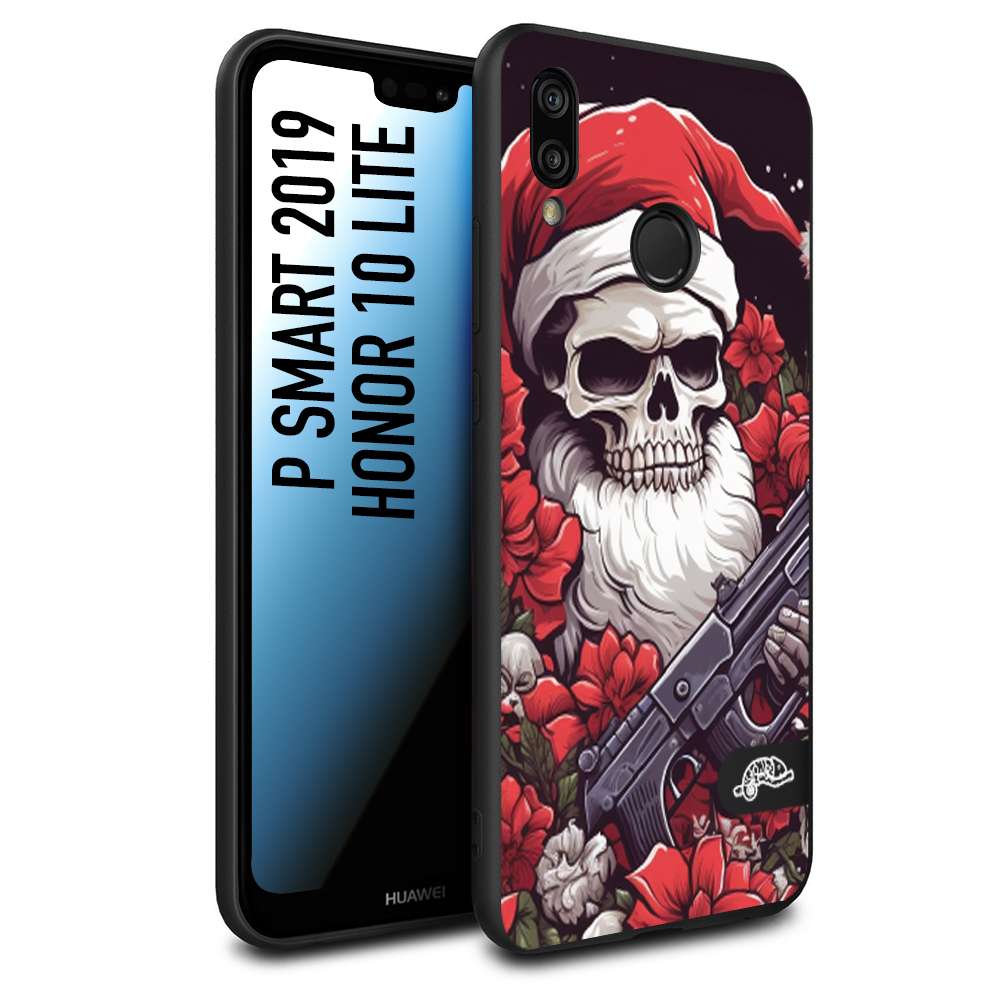 CUSTOMIZZA - Custodia cover nera morbida in tpu compatibile per Huawei P Smart 2019 teschio natale santa claus fiori tattoo disegnato