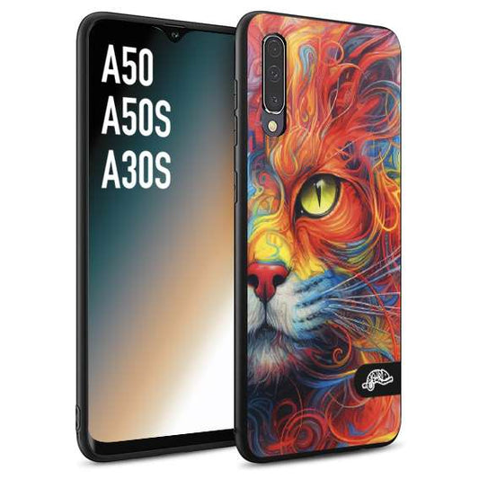 CUSTOMIZZA - Custodia cover nera morbida in tpu compatibile per Samsung A50 - A50S - A30S animali color cat gatto viso colori vibranti disegnato schizzo