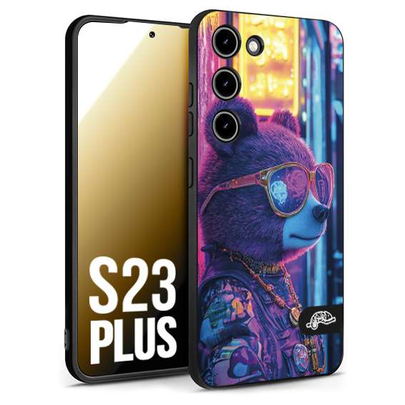 CUSTOMIZZA - Custodia cover nera morbida in tpu compatibile per Samsung S23 PLUS animali cyberpunk orsetto orso street bear fucsia blu night