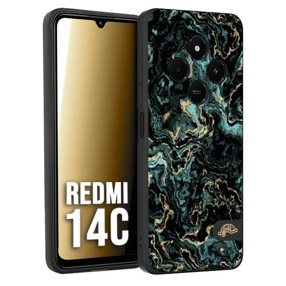 CUSTOMIZZA - Custodia cover nera morbida in tpu compatibile per Xiaomi Redmi 14C effetto marmo marble verde green venature dorato pietra