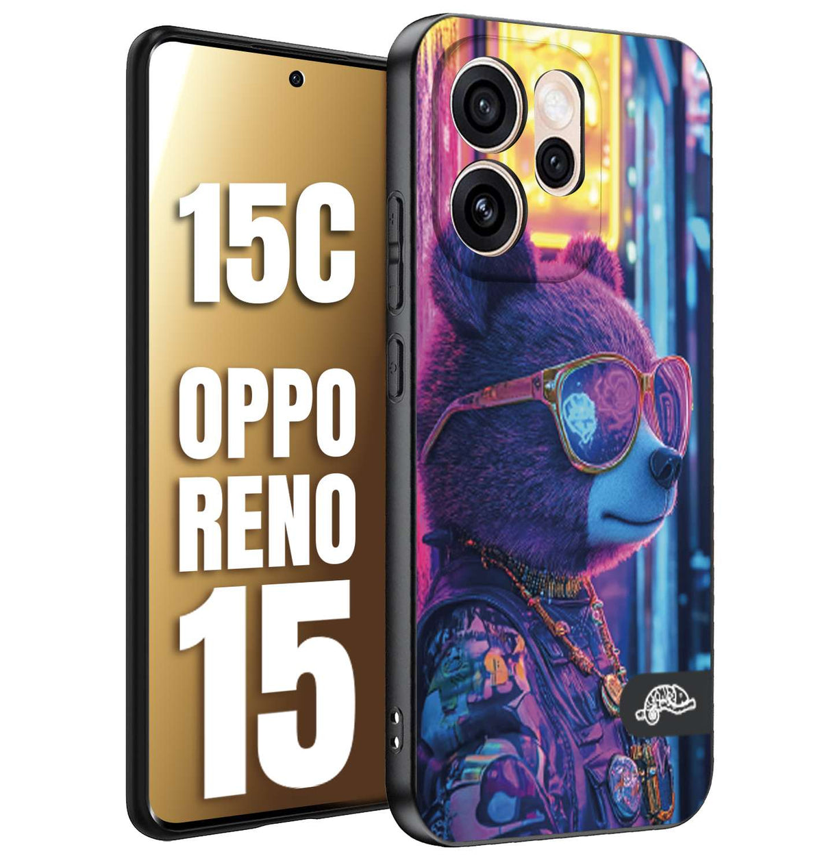 CUSTOMIZZA - Custodia cover nera morbida in tpu compatibile per Oppo Reno 15 - Reno 15Canimali cyberpunk orsetto orso street bear fucsia blu night