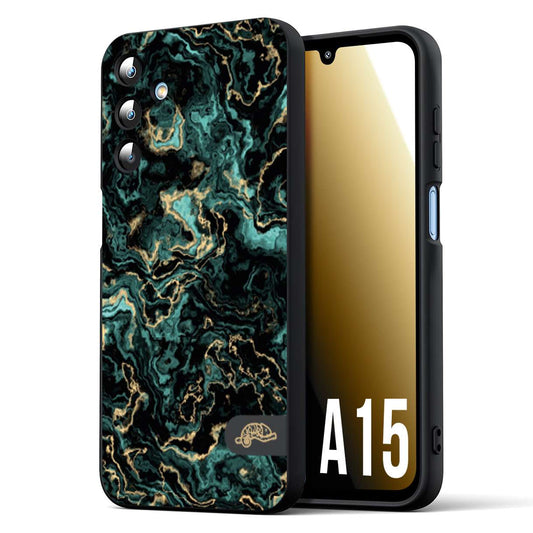 CUSTOMIZZA - Custodia cover nera morbida in tpu compatibile per Samsung A15 5G effetto marmo marble verde green venature dorato pietra