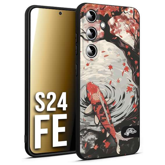 CUSTOMIZZA - Custodia cover nera morbida in tpu compatibile per Samsung S24 FE giapponese lago carpa koi rossa con foglie d'acero rosso disegnata tattoo