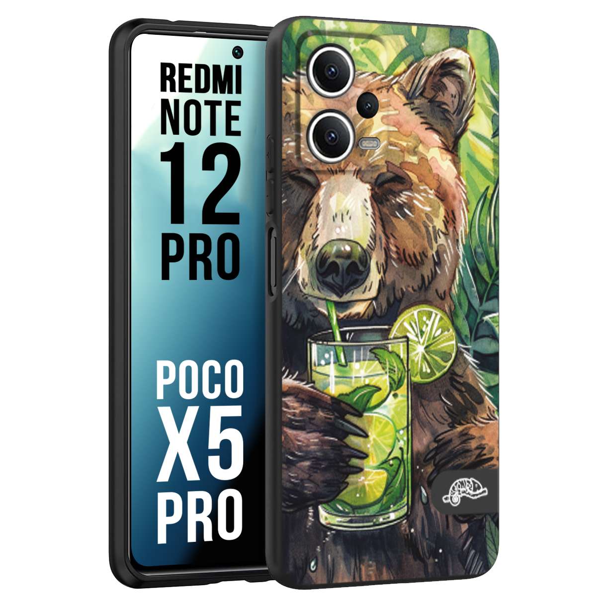 CUSTOMIZZA - Custodia cover nera morbida in tpu compatibile per Xiaomi Redmi Note 12 PRO - POCO X5 PRO estate disegnata cocktails animali simpatici orso bear negroni