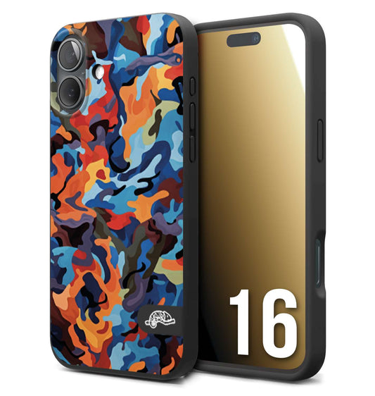 CUSTOMIZZA - Custodia cover nera morbida in tpu compatibile per iPhone 16 camouflage mimetico militare moderno blu arancio rosso