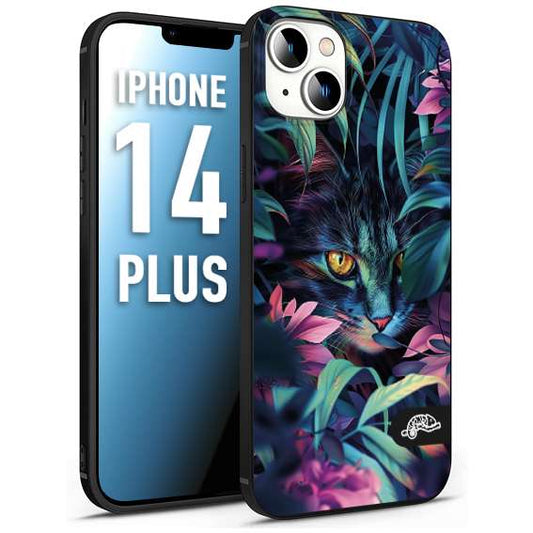 CUSTOMIZZA - Custodia cover nera morbida in tpu compatibile per iPhone 14 PLUS animali color giungla tropicale occhio di gatto colori vibranti disegnato