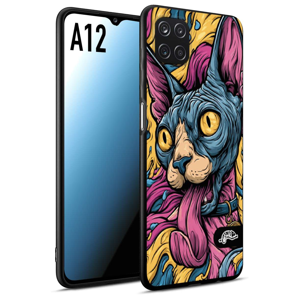 CUSTOMIZZA - Custodia cover nera morbida in tpu compatibile per Samsung A12 Sphynx Colorato Pop Art Psichedelico Gatto Blu Rosa Giallo Artistica Fantasy