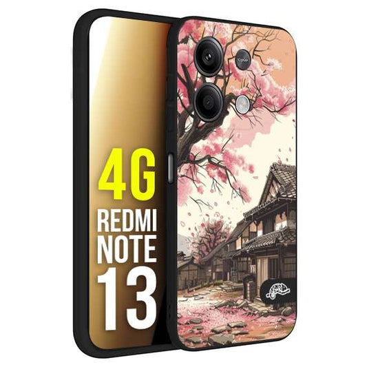 CUSTOMIZZA - Custodia cover nera morbida in tpu compatibile per Xiaomi Redmi Note 13 4G casa giapponese rosa ciliegio in fiore disegnata tattoo