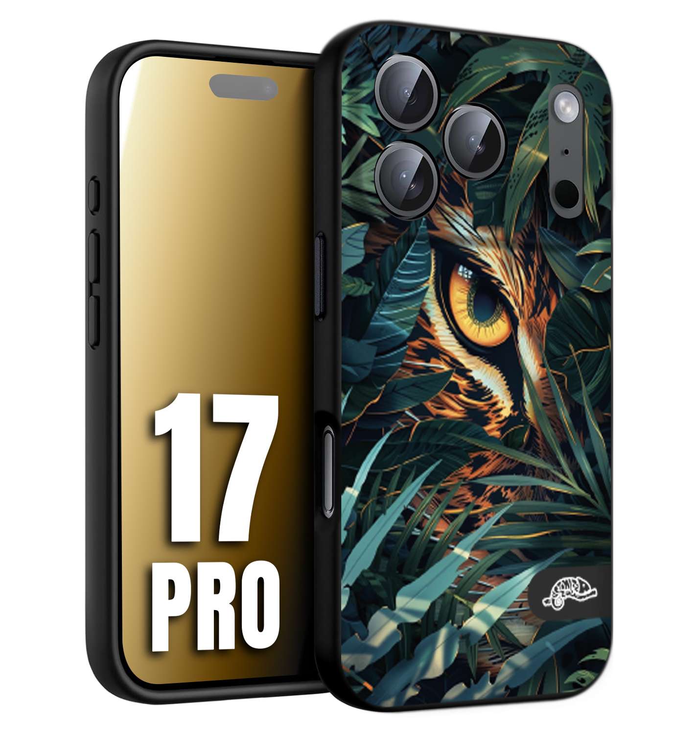 CUSTOMIZZA - Custodia cover nera morbida in tpu compatibile per iPhone 17 PRO animali color giungla tropicale occhio di giaguaro felino disegnato