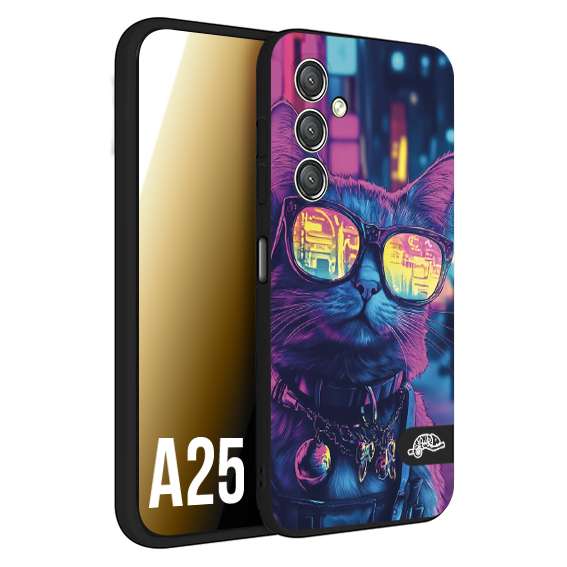 CUSTOMIZZA - Custodia cover nera morbida in tpu compatibile per Samsung A25 animali cyberpunk gatto street cat fucsia blu giallo