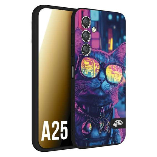 CUSTOMIZZA - Custodia cover nera morbida in tpu compatibile per Samsung A25 animali cyberpunk gatto street cat fucsia blu giallo