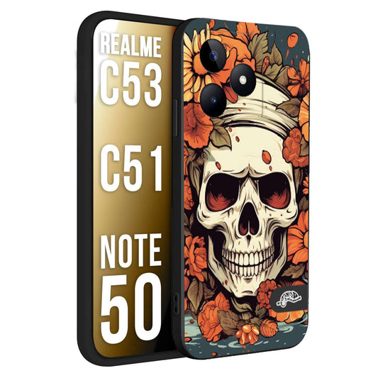 CUSTOMIZZA - Custodia cover nera morbida in tpu compatibile per Oppo Realme C53 - C51 - NOTE 50 teschio skull flowers fiori tattoo disegnato alta definizione