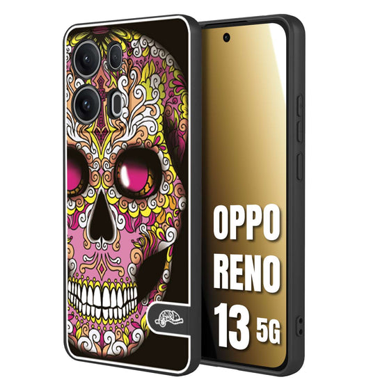 CUSTOMIZZA - Custodia cover nera morbida in tpu compatibile per Oppo Reno 13 5G teschio messicano Mexican skull rosa gialla