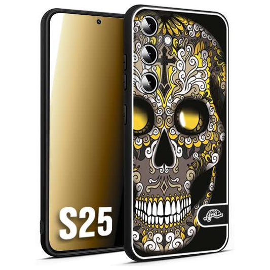 CUSTOMIZZA - Custodia cover nera morbida in tpu compatibile per Samsung S25 teschio messicano Mexican skull nero giallo