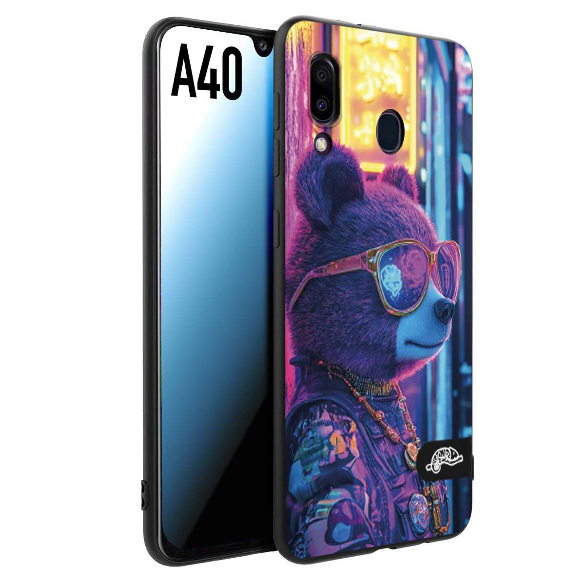 CUSTOMIZZA - Custodia cover nera morbida in tpu compatibile per Samsung A40 animali cyberpunk orsetto orso street bear fucsia blu night