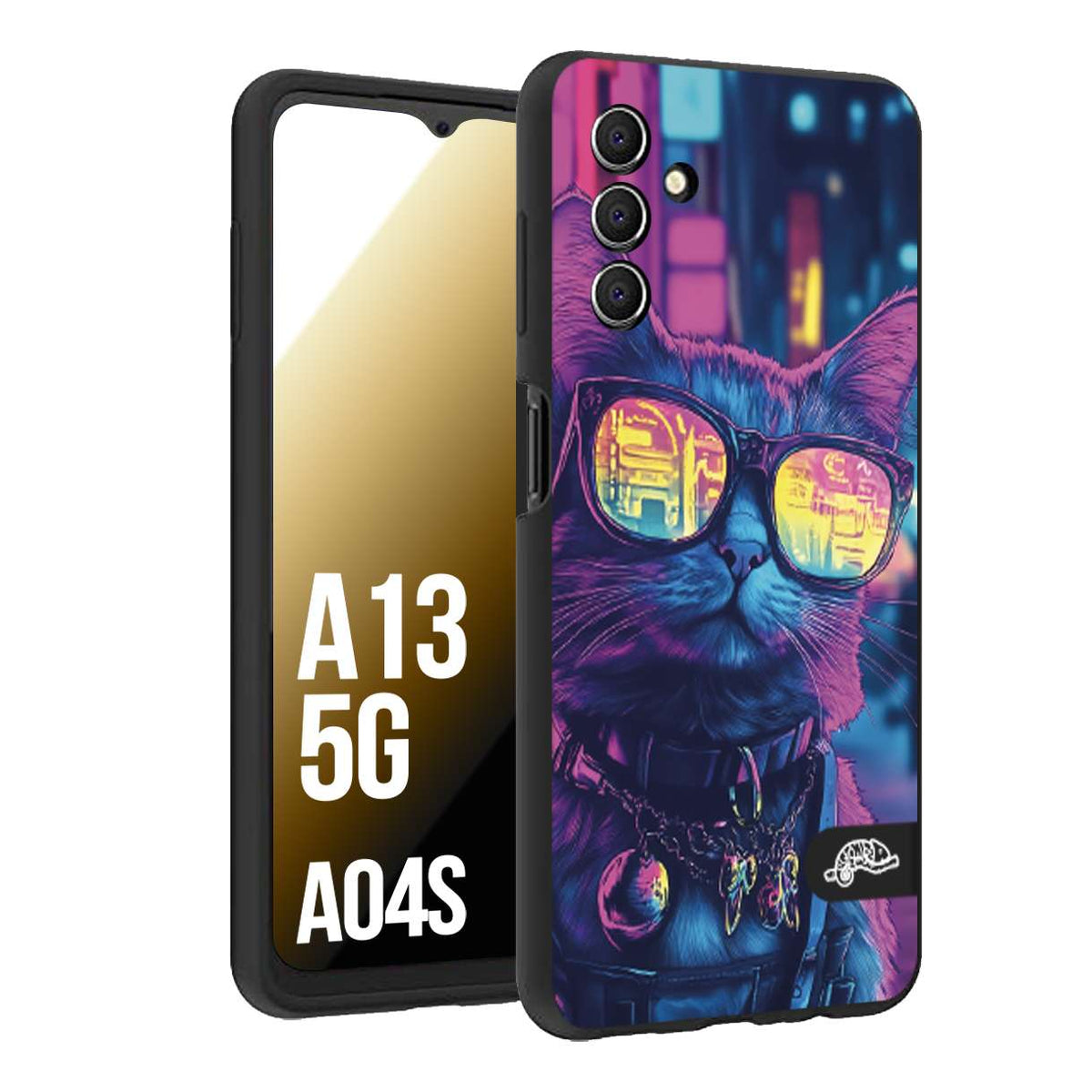 CUSTOMIZZA - Custodia cover nera morbida in tpu compatibile per Samsung A04S - A13 5G animali cyberpunk gatto street cat fucsia blu giallo