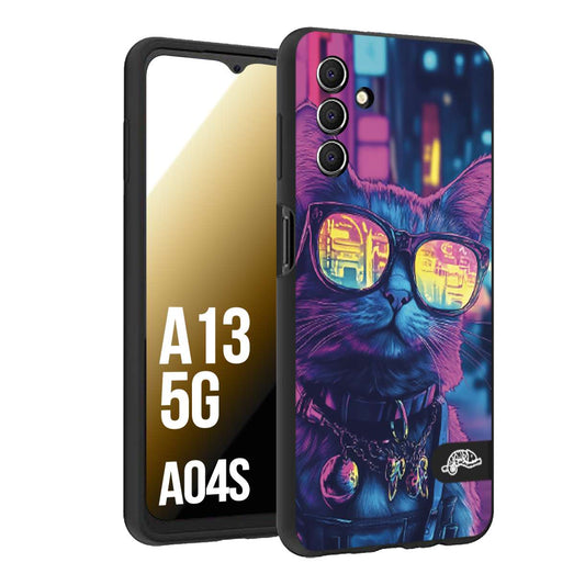 CUSTOMIZZA - Custodia cover nera morbida in tpu compatibile per Samsung A04S - A13 5G animali cyberpunk gatto street cat fucsia blu giallo