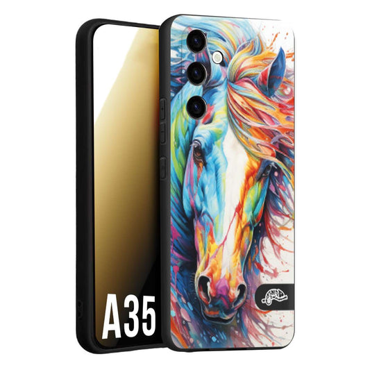 CUSTOMIZZA - Custodia cover nera morbida in tpu compatibile per Samsung A35 5G animali color cavallo horse viso colori vibranti disegnato schizzo