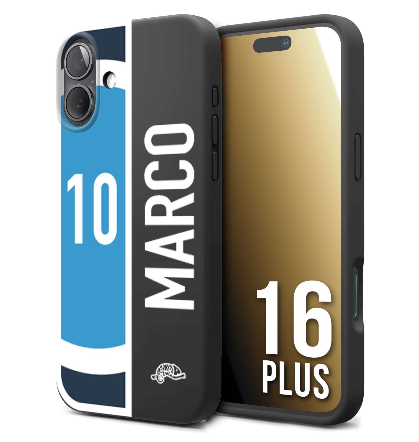 CUSTOMIZZA - Custodia cover nera morbida in tpu compatibile per iPhone 16 PLUS personalizzata calcio football nome e numero calciatori biancoazzurri bianco celesti