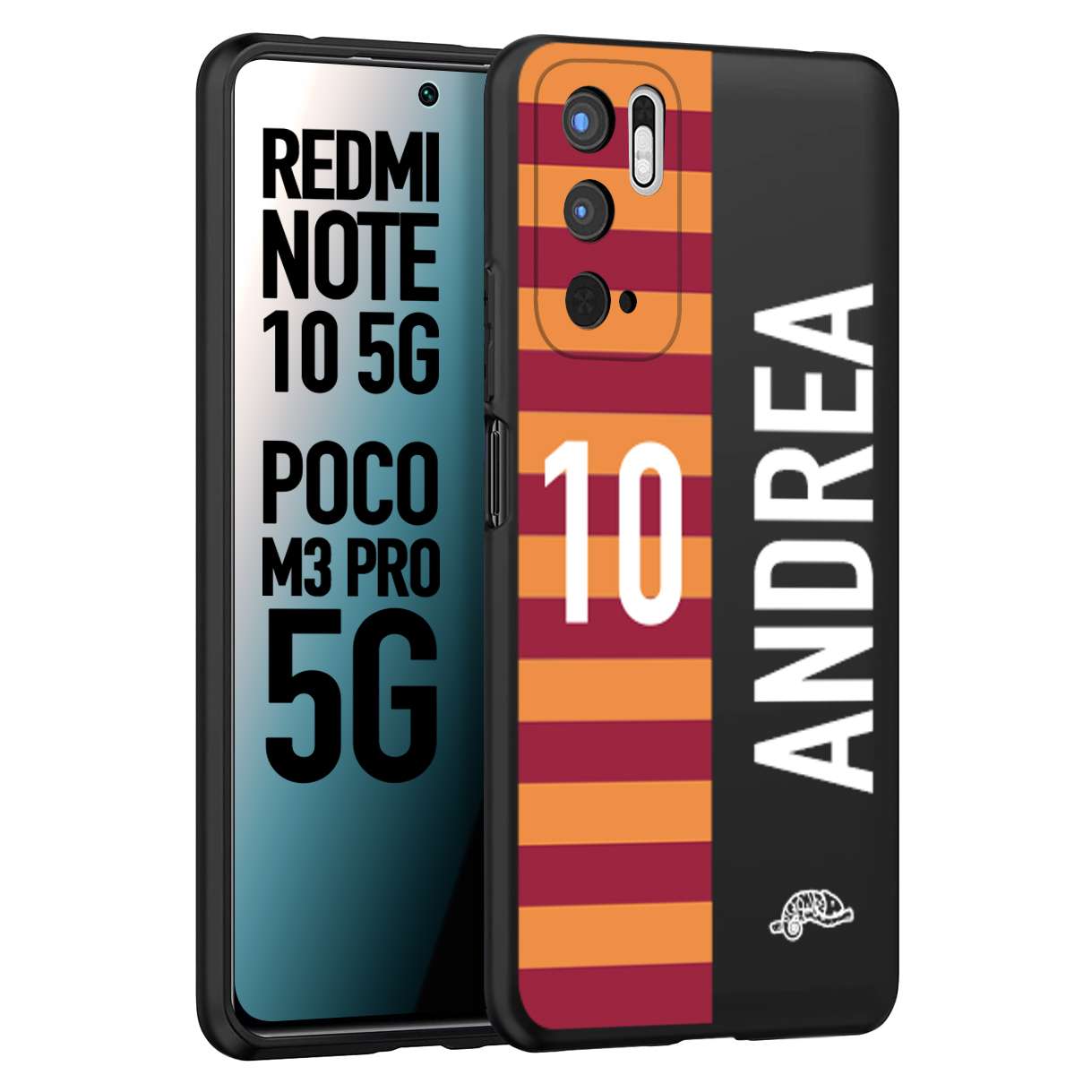 CUSTOMIZZA - Custodia cover nera morbida in tpu compatibile per Xiaomi Redmi Note 10 5G - Poco M3 Pro 5G personalizzata calcio football nome e numero calciatori giallo rossi