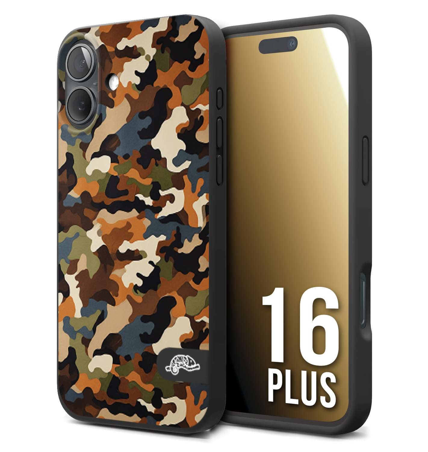 CUSTOMIZZA - Custodia cover nera morbida in tpu compatibile per iPhone 16 PLUS camouflage mimetico militare moderno blu marrone beige