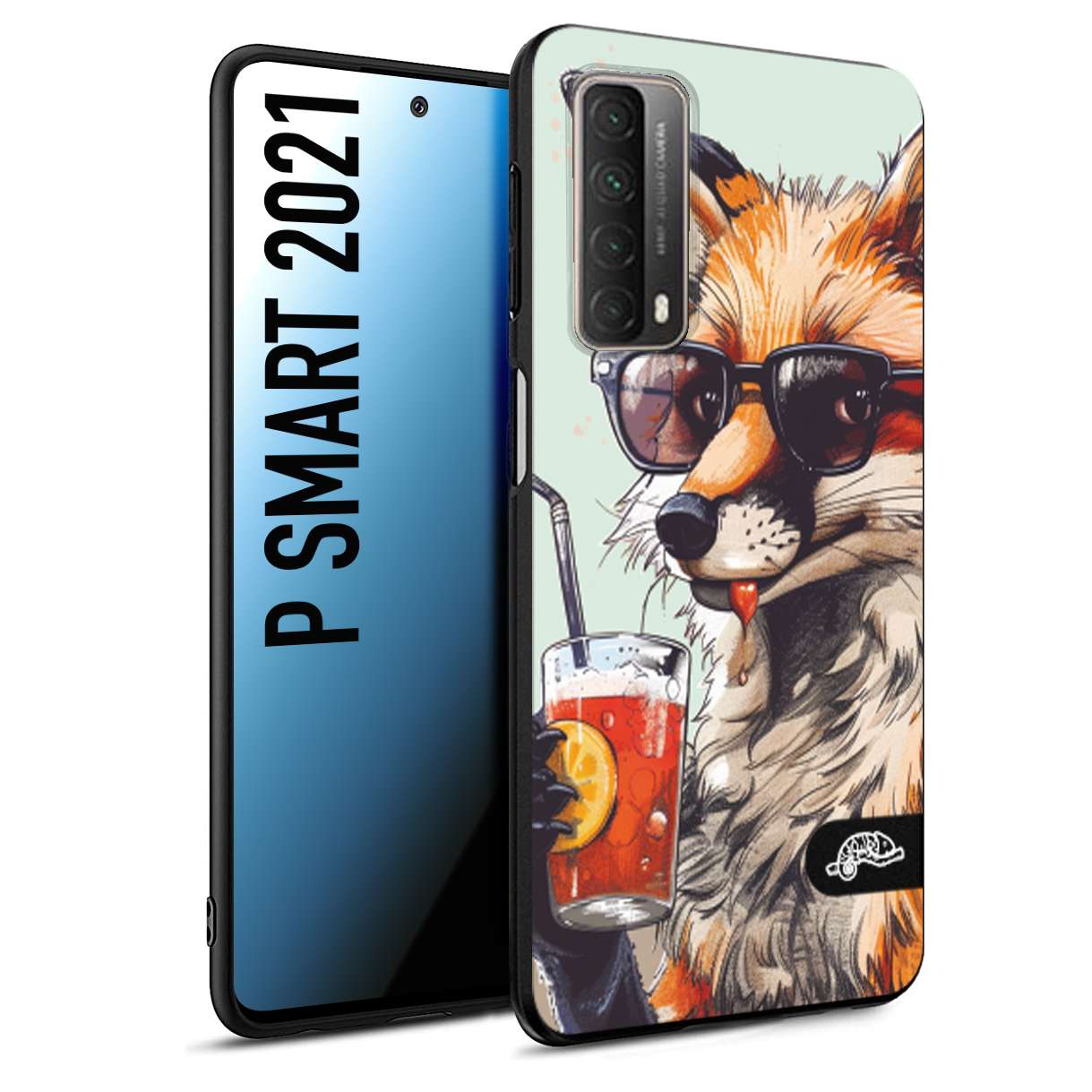 CUSTOMIZZA - Custodia cover nera morbida in tpu compatibile per Huawei P Smart 2021 estate disegnata cocktails animali simpatici fox volpe negroni