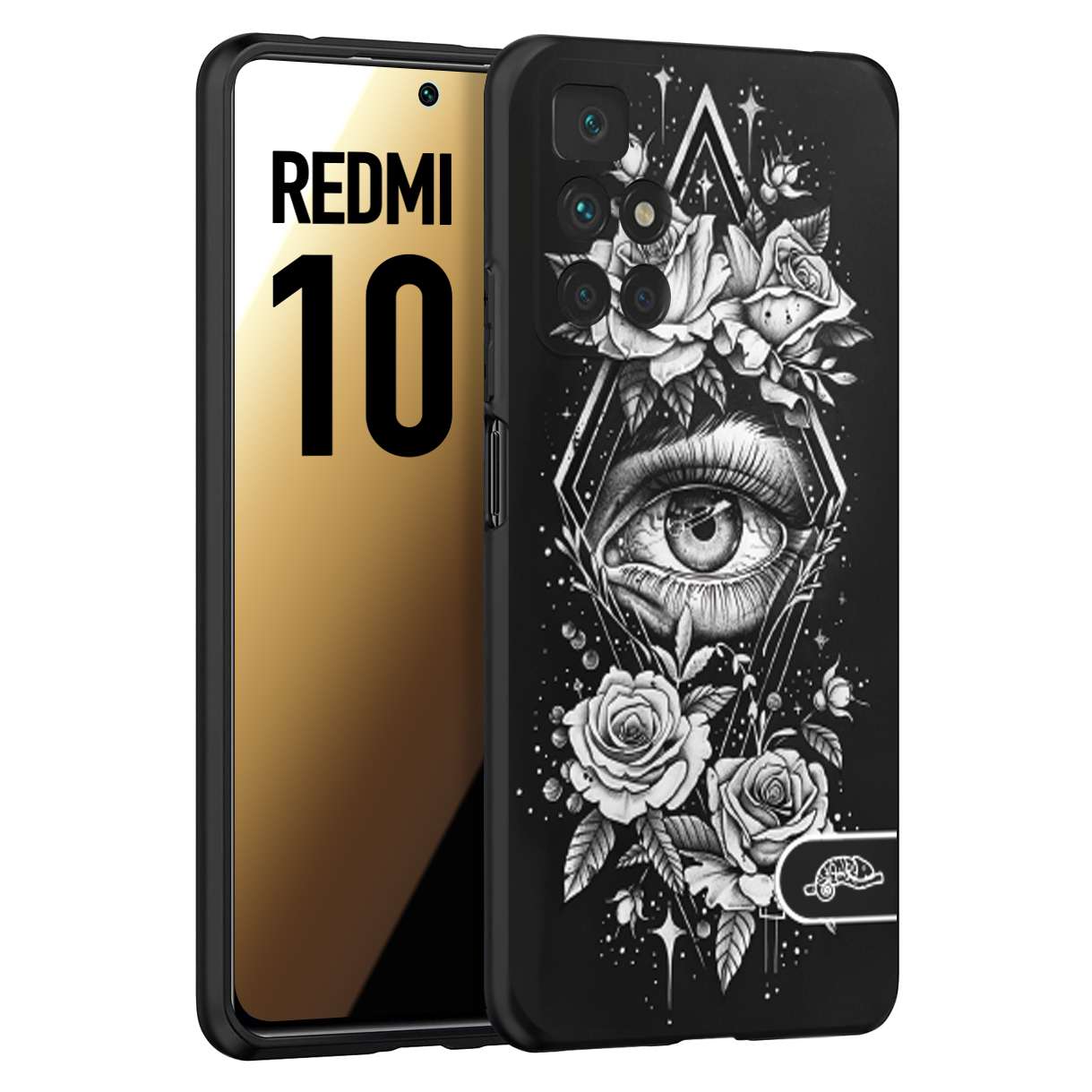 CUSTOMIZZA - Custodia cover nera morbida in tpu compatibile per Xiaomi Redmi 10 occhio fiori rombo geometrico black and white bianco a rilievo disegnato tattoo tatuaggio