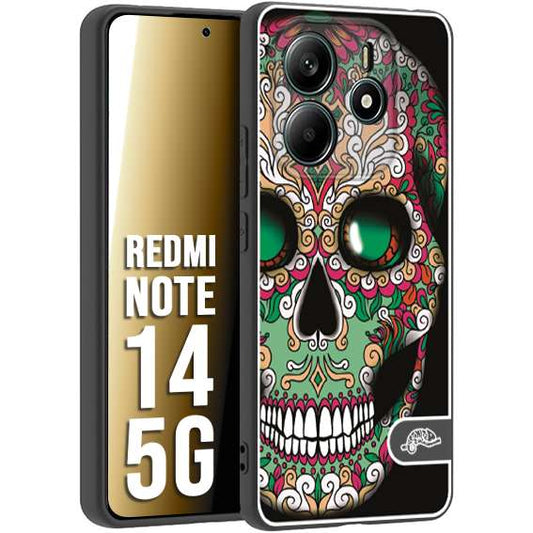 CUSTOMIZZA - Custodia cover nera morbida in tpu compatibile per Xiaomi Redmi Note 14 5G teschio messicano Mexican skull verde fucsia
