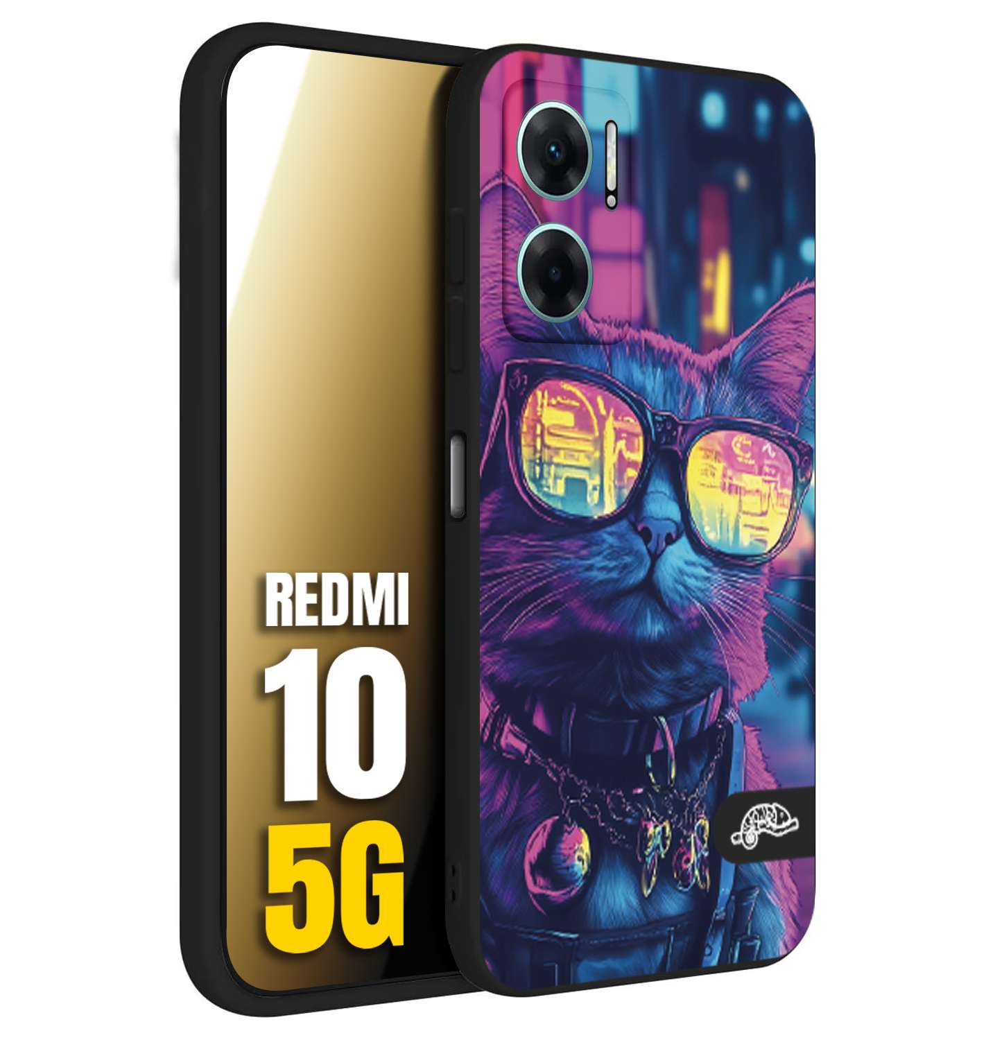 CUSTOMIZZA - Custodia cover nera morbida in tpu compatibile per Xiaomi Redmi 10 5G animali cyberpunk gatto street cat fucsia blu giallo