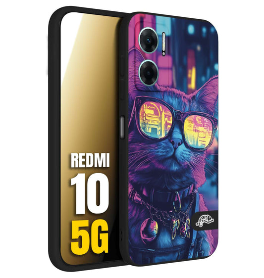 CUSTOMIZZA - Custodia cover nera morbida in tpu compatibile per Xiaomi Redmi 10 5G animali cyberpunk gatto street cat fucsia blu giallo
