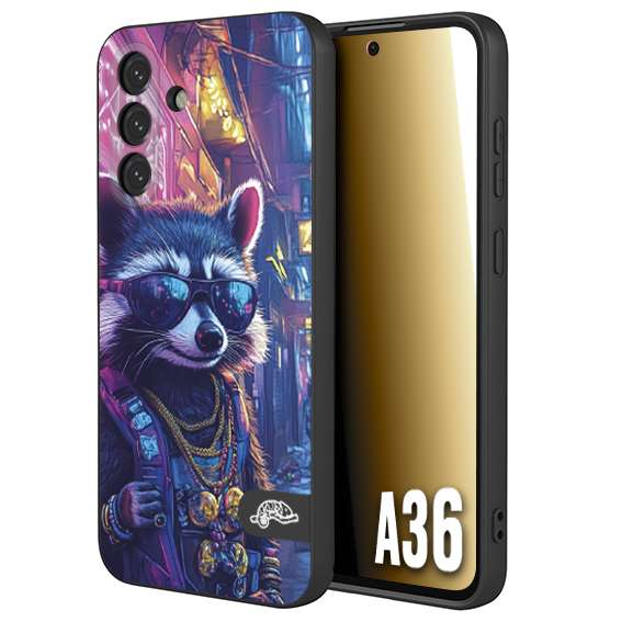 CUSTOMIZZA - Custodia cover nera morbida in tpu compatibile per Samsung A36 animali simpatici cyberpunk procione racoon street cat fucsia blu giallo
