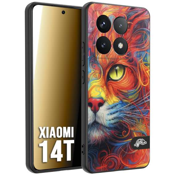 CUSTOMIZZA - Custodia cover nera morbida in tpu compatibile per Xiaomi 14T animali color cat gatto viso colori vibranti disegnato schizzo