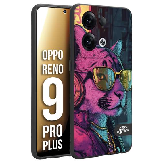 CUSTOMIZZA - Custodia cover nera morbida in tpu compatibile per Oppo Reno 9 PRO PLUS animali cyberpunk pantera street cat fucsia blu giallo