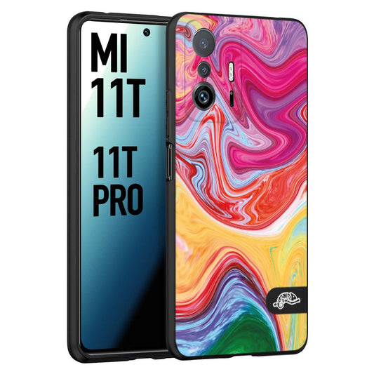 CUSTOMIZZA - Custodia cover nera morbida in tpu compatibile per Xiaomi Mi 11T - Mi 11T PRO colorata fantasia vortice marmo onde verde fucsia gialla