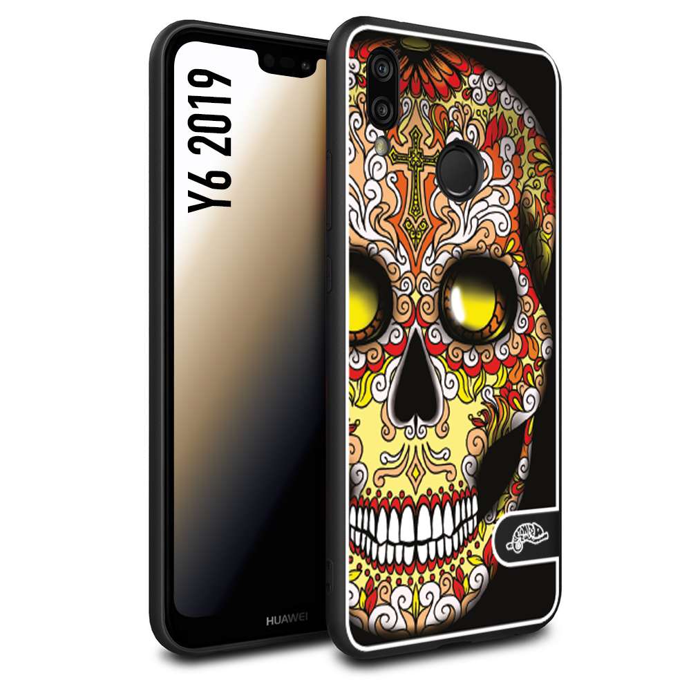 CUSTOMIZZA - Custodia cover nera morbida in tpu compatibile per Huawei Y6 2019 teschio messicano Mexican skull giallo rosso arancio