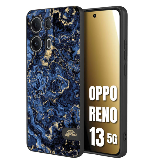 CUSTOMIZZA - Custodia cover nera morbida in tpu compatibile per Oppo Reno 13 5G effetto marmo marble blu venature dorato psichedelico