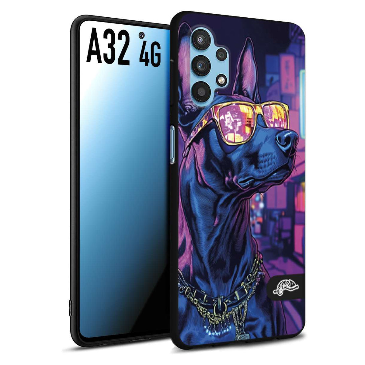 CUSTOMIZZA - Custodia cover nera morbida in tpu compatibile per Samsung A32 4G animali cyberpunk dobermann cane street dog fucsia blu night