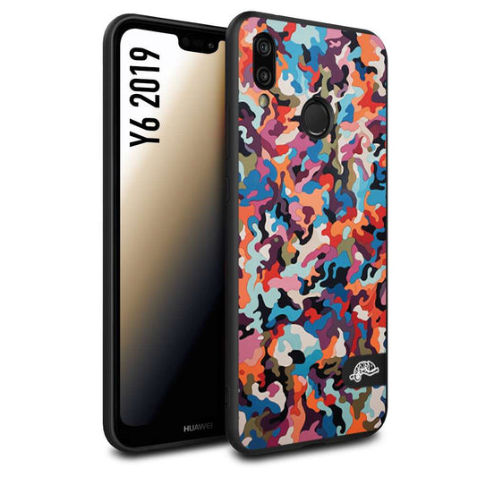 CUSTOMIZZA - Custodia cover nera morbida in tpu compatibile per Huawei Y6 2019 camouflage mimetico militare moderno blu arancio rosa