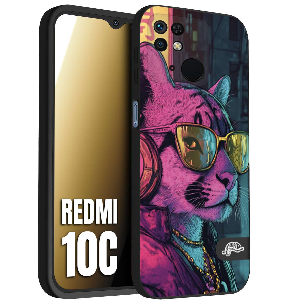 CUSTOMIZZA - Custodia cover nera morbida in tpu compatibile per Xiaomi Redmi 10C animali cyberpunk pantera street cat fucsia blu giallo
