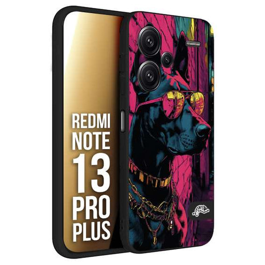 CUSTOMIZZA - Custodia cover nera morbida in tpu compatibile per Xiaomi Redmi Note 13 PRO PLUS animali cyberpunk dobermann cane street dog fucsia blu