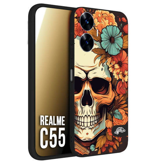 CUSTOMIZZA - Custodia cover nera morbida in tpu compatibile per Oppo C55 teschio skull flowers fiori autunnali arancio celeste tattoo