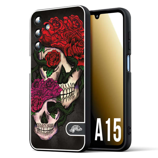 CUSTOMIZZA - Custodia cover nera morbida in tpu compatibile per Samsung A15 5G teschi e rose rosse fucsia skull and roses