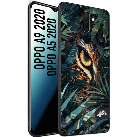 CUSTOMIZZA - Custodia cover nera morbida in tpu compatibile per Oppo A9 2020 - A5 2020 animali color giungla tropicale occhio di giaguaro felino disegnato